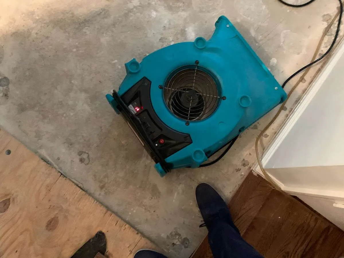 Air mover drying subfloor during Commercial Water Damage Restoration in Antioch